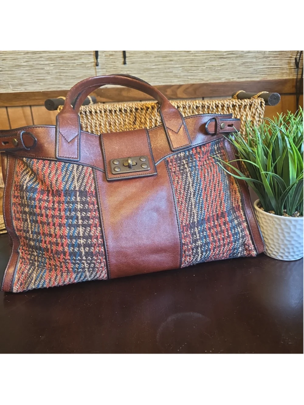 Fossil Leather Vintage And Tweed Satchel Shoulder Tote Bag